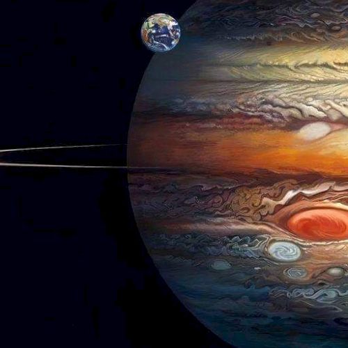 The image shows a creative depiction of Jupiter with its Great Red Spot and Earth's moon in the background, illustrating their proximity.
