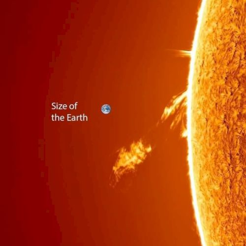 The image shows the Sun with a small Earth icon for scale, illustrating the size difference between Earth and the Sun's prominence.