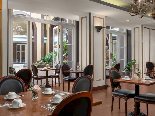 A stylish caf&eacute; with wooden tables, elegant chairs, and tableware, featuring large windows leading to a lush courtyard.