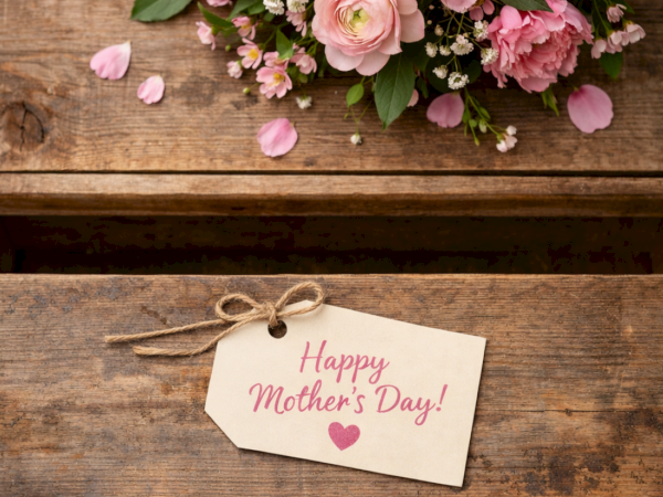 A wooden table with pink flowers and a tag that says &ldquo;Happy Mother&rsquo;s Day!&rdquo; tied with twine, plus scattered petals.